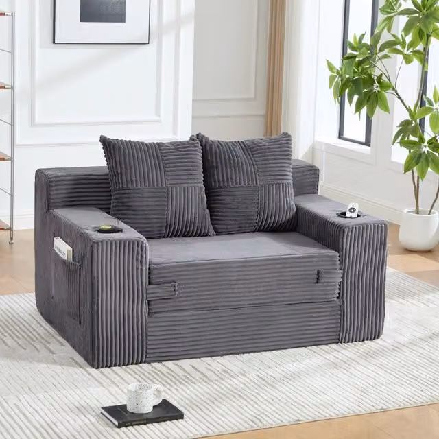 Divano pouf 151x133x64 cm con tasche laterali e 2 cuscini in velluto a coste grigio