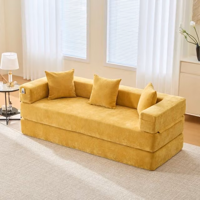 Divano modulare in chenille con tasche laterali; 198x79x60 cm; giallo senape