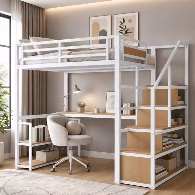 Letto a soppalco Mivray bianco con scala contenitore, scrivania e ripiani