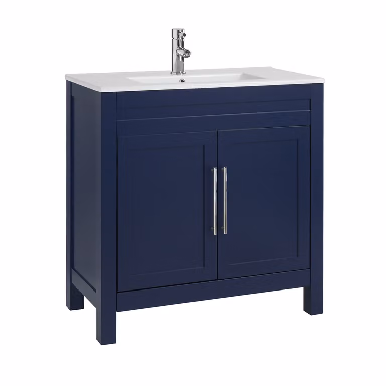 Mobile Bagno Blu Marino da 810mm con Lavabo e Maniglie Moderne con Barra a T Cromate - Warwick