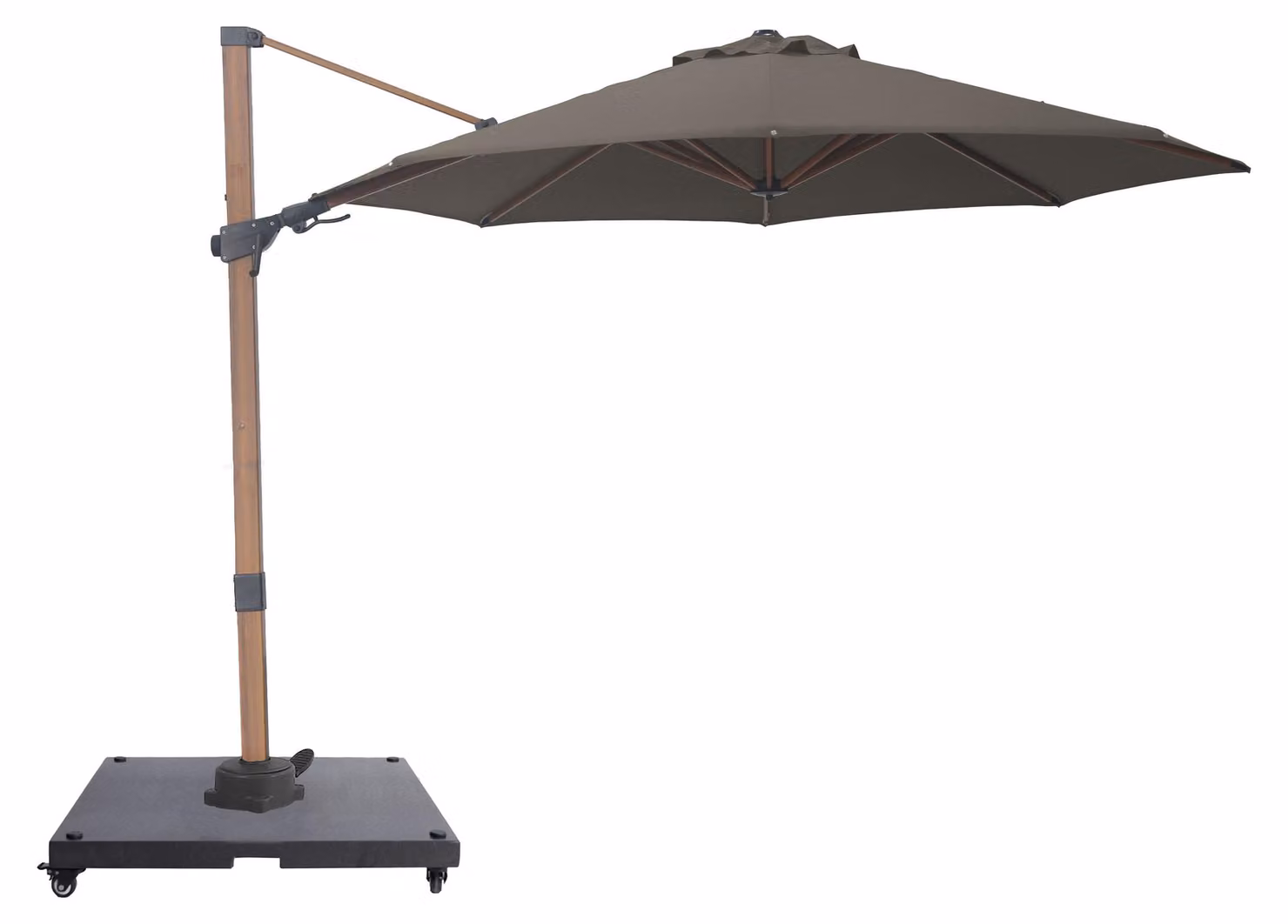 AXI Solis Ombrellone Decentrato rotondo 300x300 cm, effetto legno/taupe | Da giardino/terrazza con struttura verniciata a polvere | Include base con