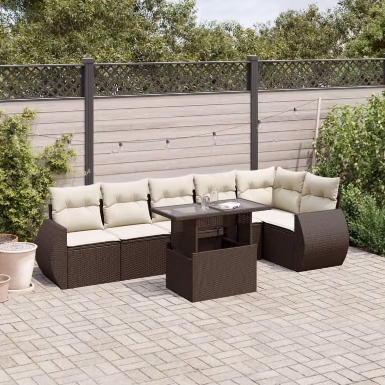 vidaXL Set Divani da Giardino 7 pz a Forma a L in Polyrattan Marrone con Cuscini e Tavolino da Esterno