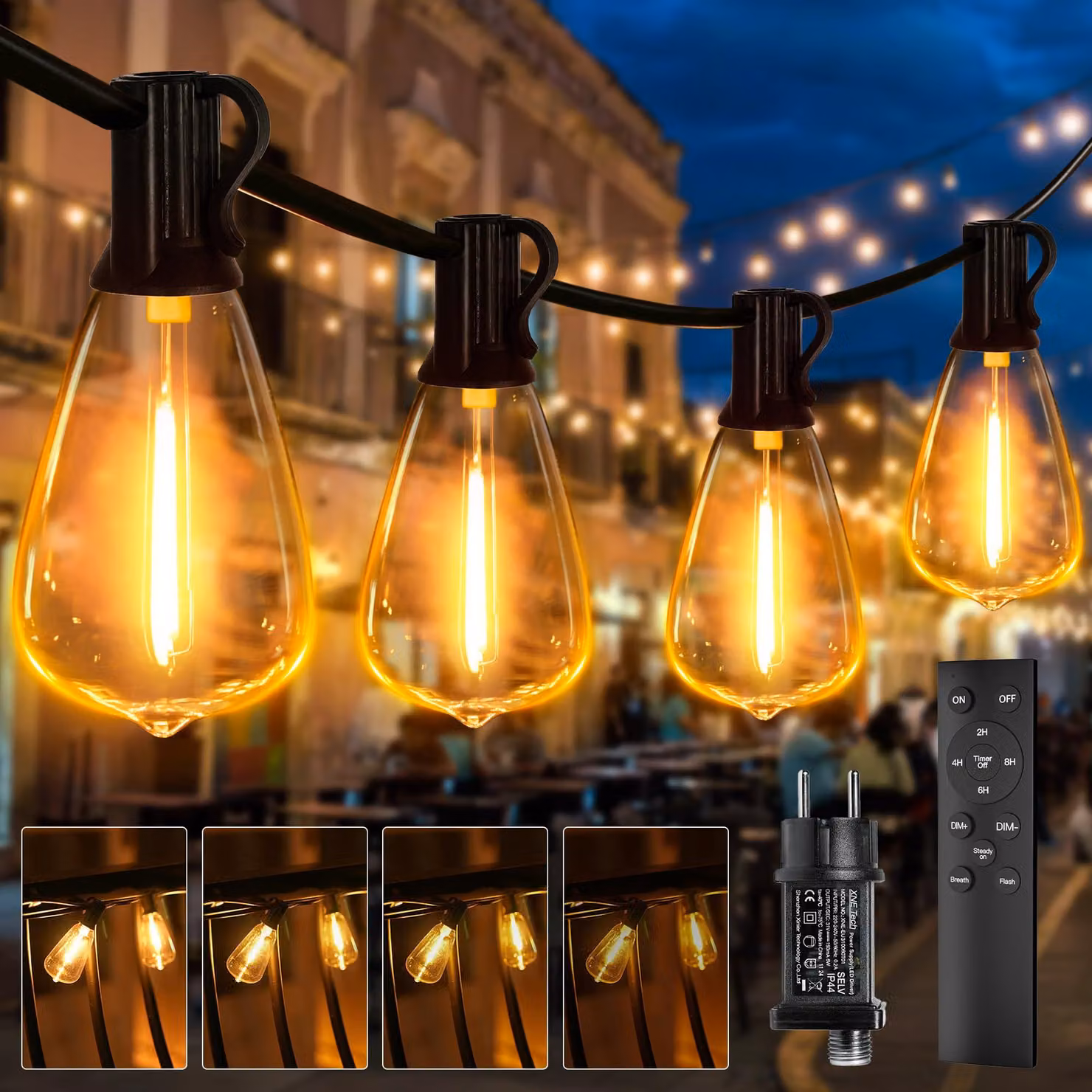 Catena luminosa a LED, 20 metri, con dimmer, 25+2 lampadine di tipo ST38, telecomando, grado di protezione IP44