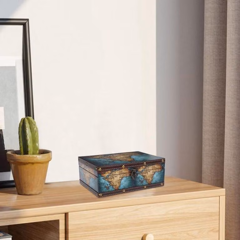 Scatola vintage in legno con motivo di antiche mappe del mondo, antipolvere e con finiture in pelle, compatta, ideale per riporre gioielli e oggetti decorativi, perfetta per uno stile retrò
