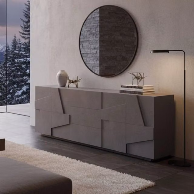 Credenza moderna a 4 ante e 3 Zeus, Made in Italy, Madia da cucina, Buffet di design da soggiorno, cm 224x44h86, colore Grigio Ardesia