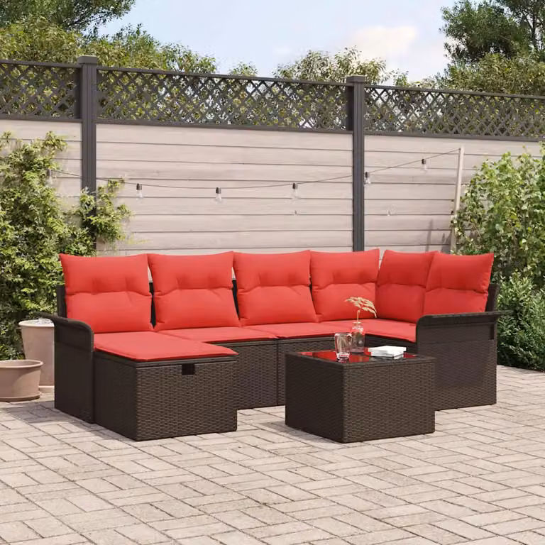 Set Divano da Giardino vidaXL 7 pz in Poly Rattan con Cuscini e Tavolino, Design Moderno a L con Struttura in Acciaio e Tessuto Resistente ai Raggi UV