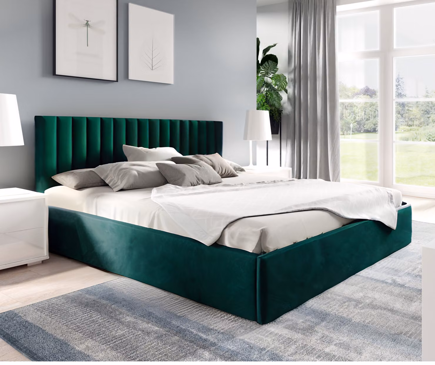 Letto imbottito GUTTO 90x200 a doghe metalliche in tessuto vellutato verde con box letto e vano contenitore