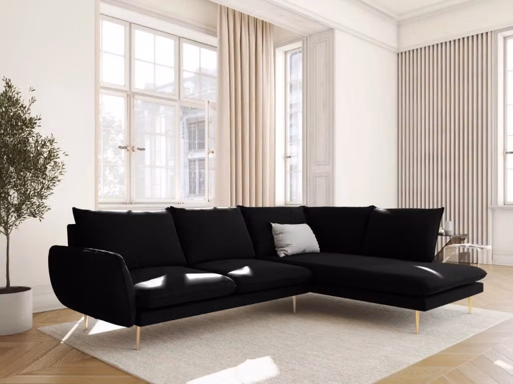 Divano angolare destro Vienna di Cosmopolitan Design in velluto nero e oro con 6 posti, L: 275 cm, P: 185 cm, H: 95 cm – 2