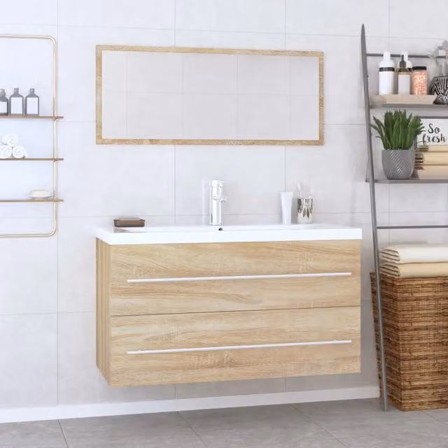 Set Mobili da Bagno Moderno vidaXL in Rovere con Mobile Lavabo e Armadietto Specchio, Colore Beige e Bianco, L: 90 cm, P: 38,5 cm, H: 48 cm