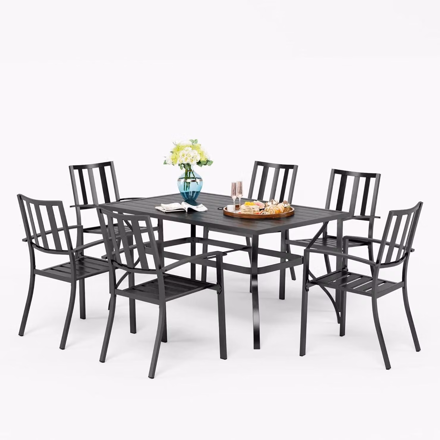 Set di mobili da giardino per 6 persone, resistente alle intemperie, composto da sedie impilabili in metallo e un tavolo di dimensioni 152x96x72 cm