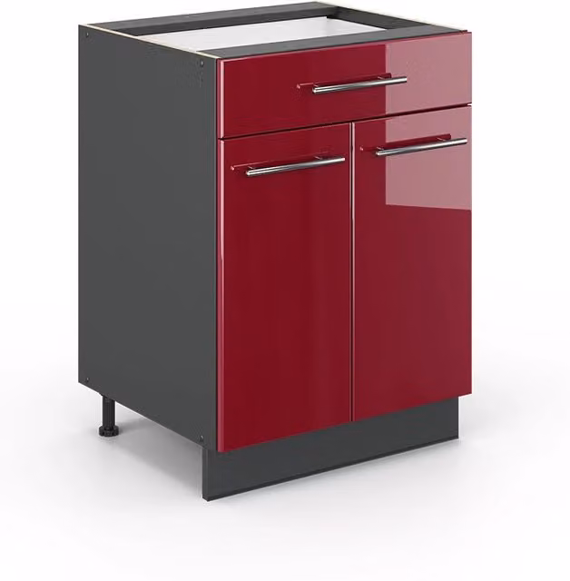 Mobiletto base per cucina Vicco Fame-Line Bordeaux lucido e Antracite con cassetto, senza piano di lavoro, Larghezza: 60 cm – 1