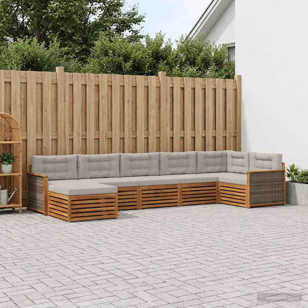vidaXL Set di divani da esterno a L in legno di acacia con 7 pezzi, beige e grigio