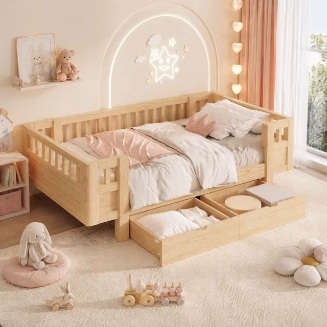 Letto per bambini 90 × 200 cm con barriere alte, 2 cassetti estraibili, senza materasso, in legno naturale