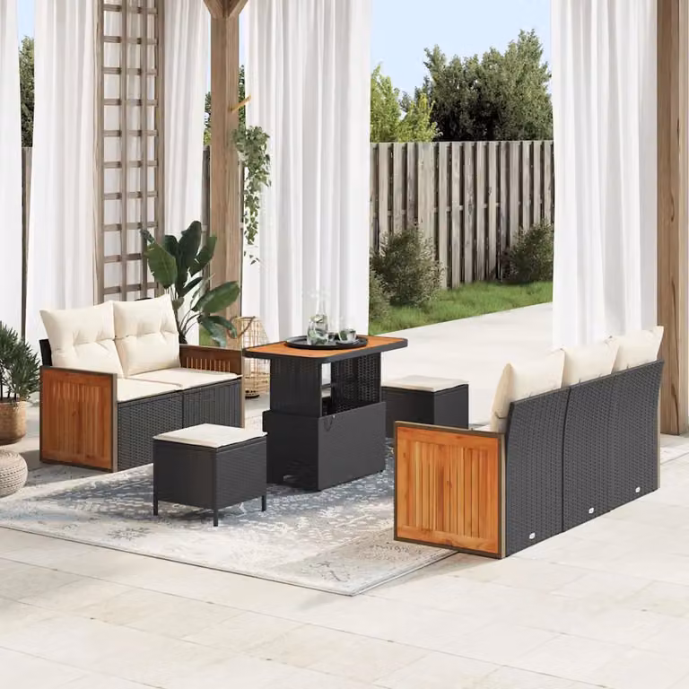 vidaXL Set Divano da Giardino a L con 10 Pezzi, Nero e Beige, Design Moderno con Cuscini e Tavolino