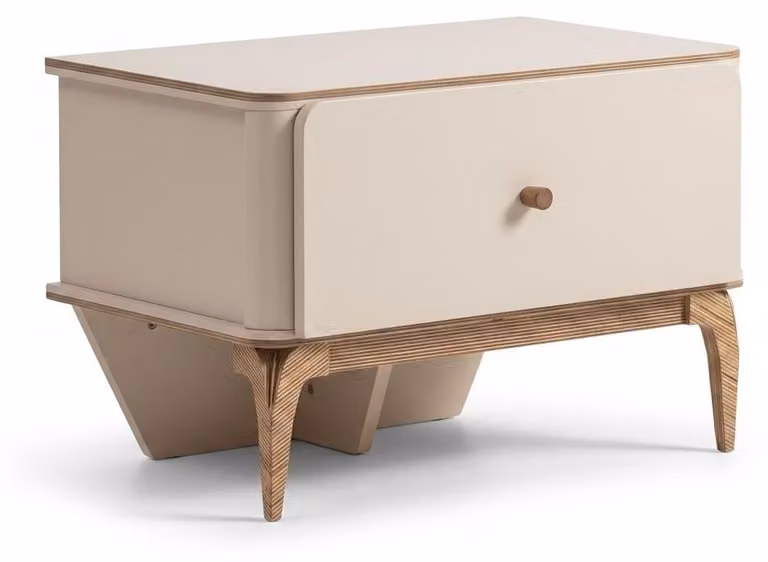 Tavolino da notte design, gambe in legno, comodino, cassettiera, beige, moderno, nuovo