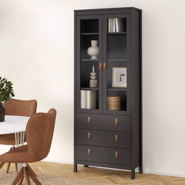 Vetrina Lazio DMORA nera con ante in vetro e finitura opaca, L: 78 cm, P: 33 cm, H: 199 cm – 1