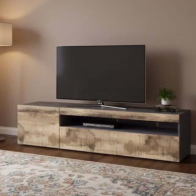 Mobile da soggiorno DMORA Porta Aquilo con 2 ante, Grigio Ardesia e Acero, con luce LED blu, L: 150 cm, P: 40 cm, H: 37 cm