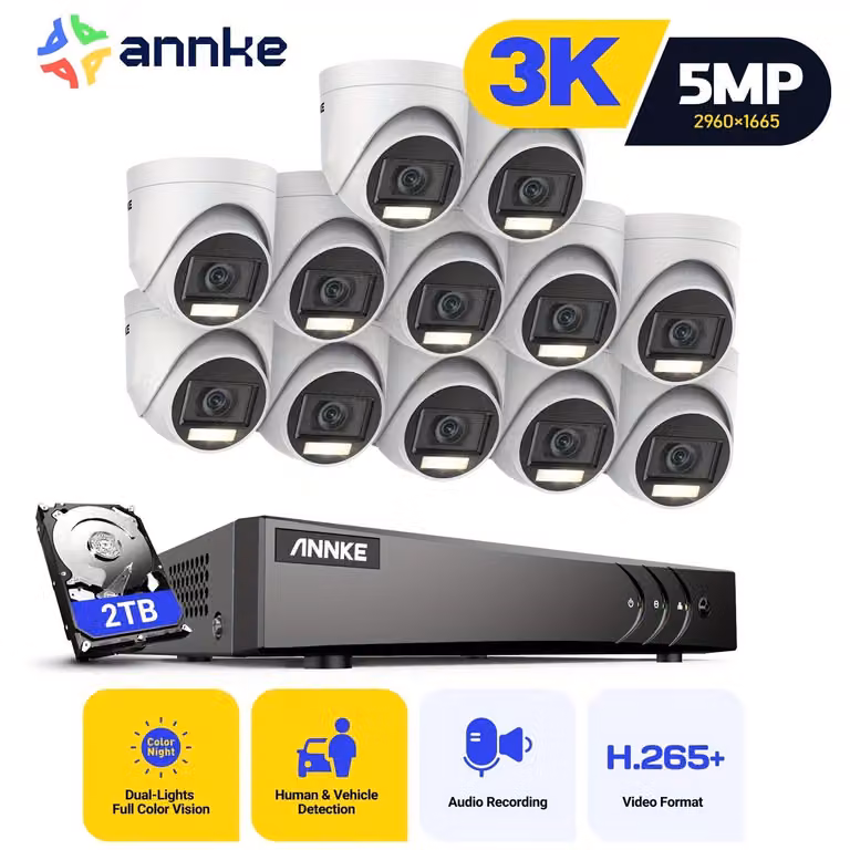 Sistema di sicurezza – Telecamere a circuito chiuso (CCTV) – Kit di videosorveglianza – Telecamera di sicurezza – Telecamera con visione notturna – 12 telecamere cablate con risoluzione 3K HD – Archiviazione su disco rigido da 2TB – Sistema dual