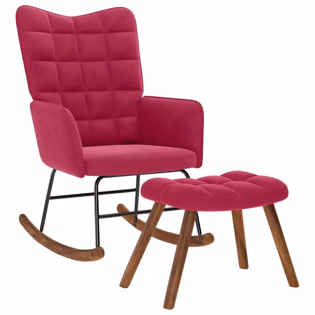 Poltrona a dondolo con poggiapiedi in velluto rosso con struttura in legno e metallo – 2
