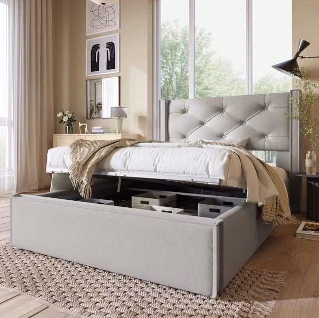 Letto singolo 90x200 cm grigio chiaro rivestito in cotone con vano contenitore, senza materasso