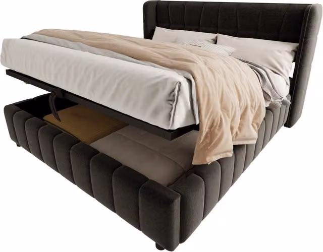 Letto contenitore matrimoniale moderno in tessuto grigio con rete sollevabile L/P: 180 x 200 cm – 1