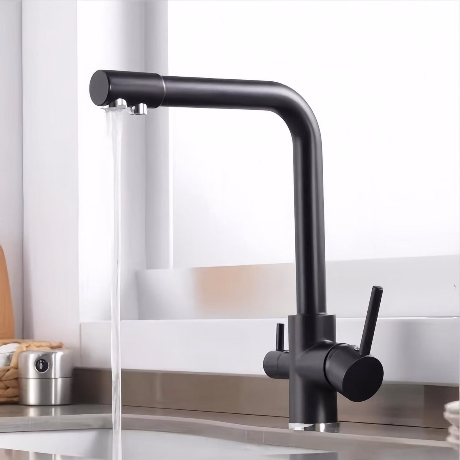 Miscelatore per lavello da cucina, nero, a 3 vie, girevole a 360° con erogatore filtrato
