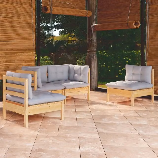 Set Divani da Giardino 4 pz con Cuscini Grigi Massello di Pino 3096171