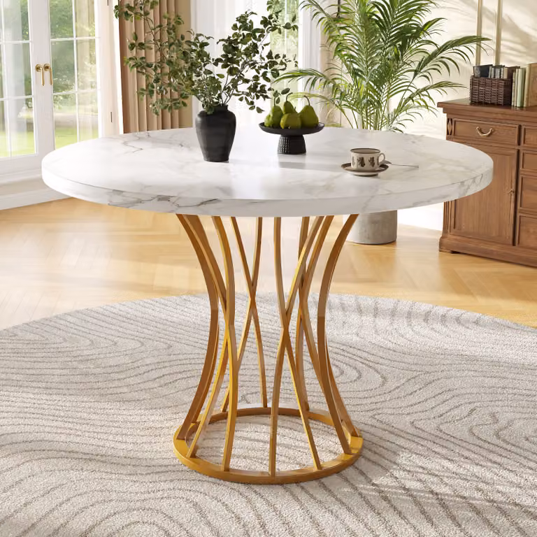 STILVORA Tavolo da pranzo rotondo con piano in finitura marmo, tavolo da cucina con gambe dorate, tavolino da salotto e da pranzo, MDF