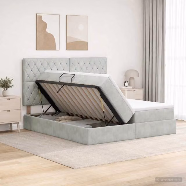 Letto con contenitore vidaXL in tessuto grigio con illuminazione LED, porta USB e materasso ibrido L/P/H: 200 x 200 x 128 cm