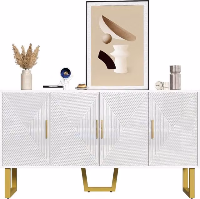 Maderna moderna bianca 150 cm, 4 ante con finitura lucida strutturata e maniglie dorate, ripiani regolabili in altezza