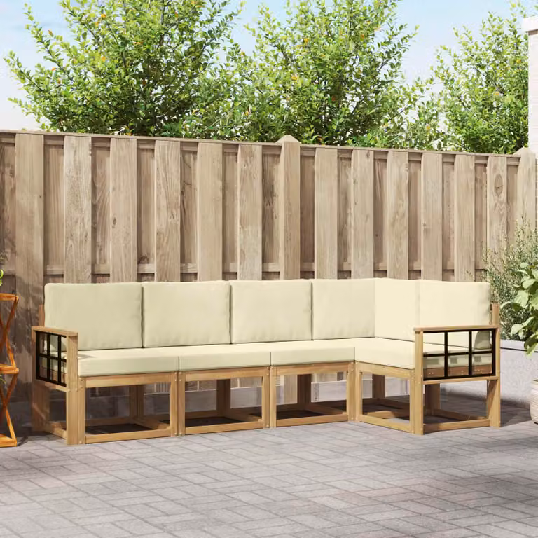 Set di divani da esterno a L vidaXL in legno di acacia con cuscini, Bianco, Beige e Marrone