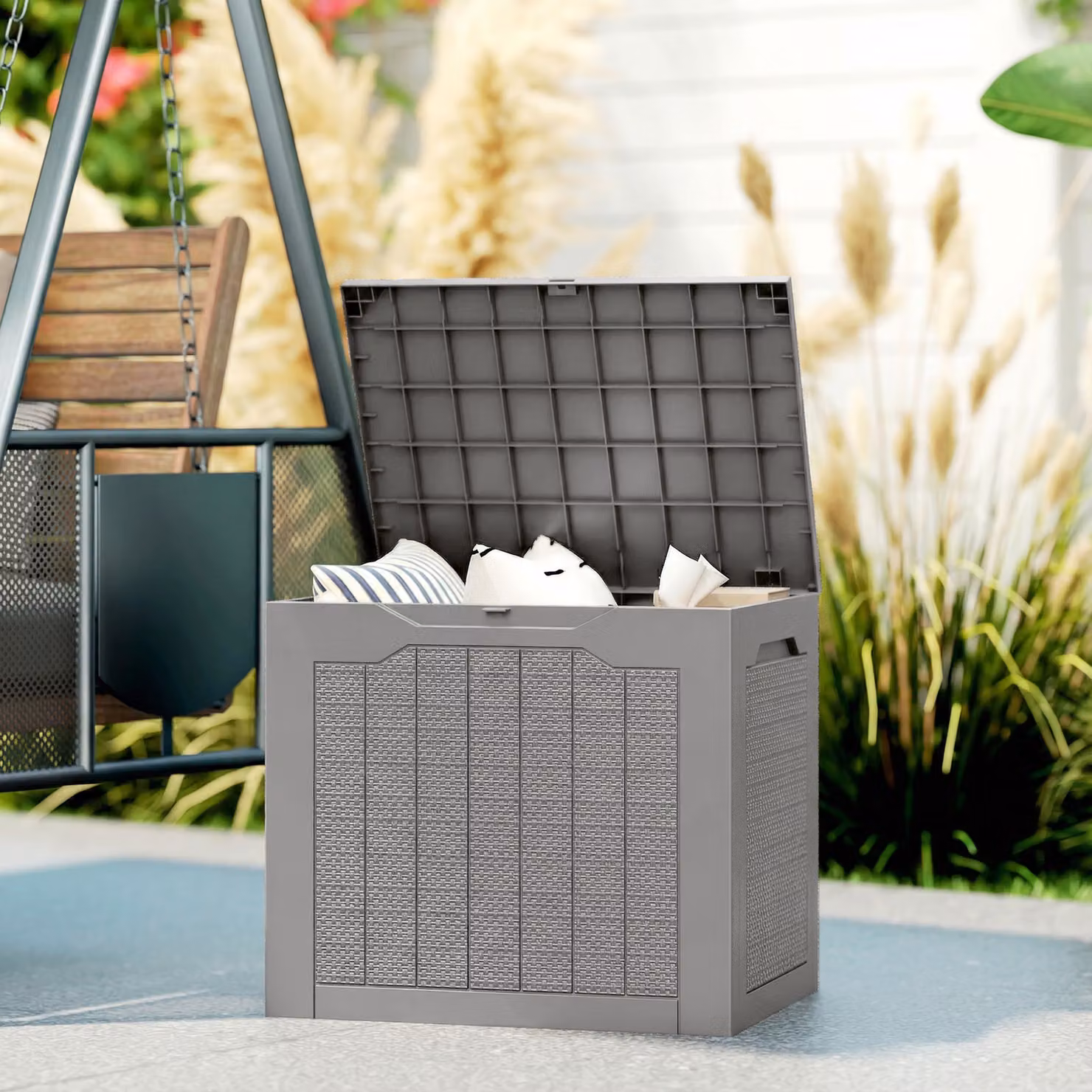 Outsunny Baule da Giardino Impermeabile con Maniglie e Serratura, Contenitore Porta Attrezzi L/P/H: 56 x 41 x 50 cm, Cachi – 2