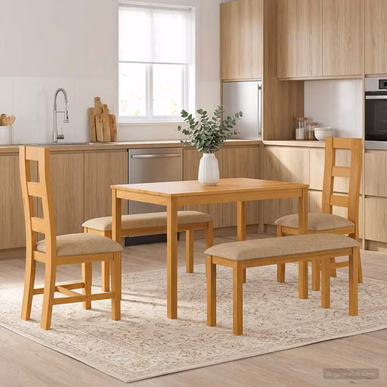 Set da pranzo vidaXL 5 pezzi in legno di quercia massello beige con tavolo rettangolare e panche L/P/H: 110 x 75 x 75 cm