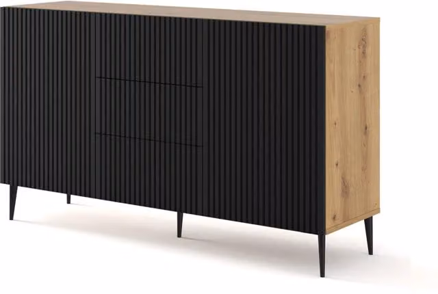 Mobile B Bim Furniture Ravenna in MDF rivestito in legno rovere e nero opaco con 2 ante e 3 cassetti e gambe in metallo nero