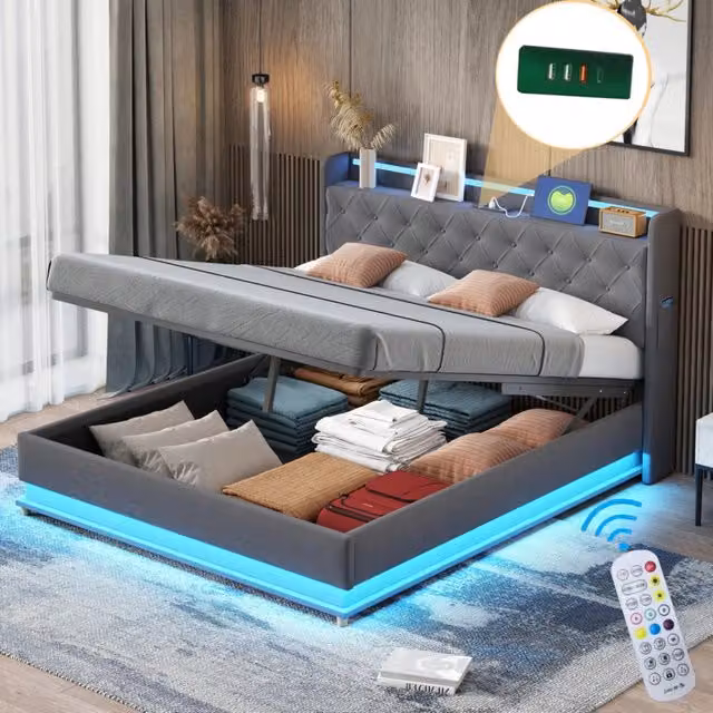 Letto matrimoniale 160x200 con contenitore e luci LED multicolore, tessuto di lino grigio