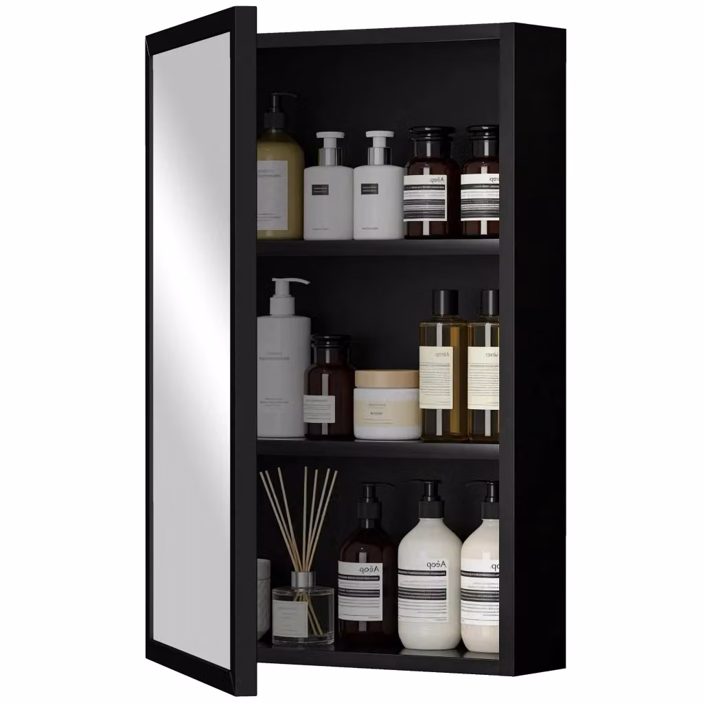 Armadietto da bagno con specchio XYLO in acciaio nero con 3 ripiani interni, L 40 cm x P 12 cm x H 60 cm – 2
