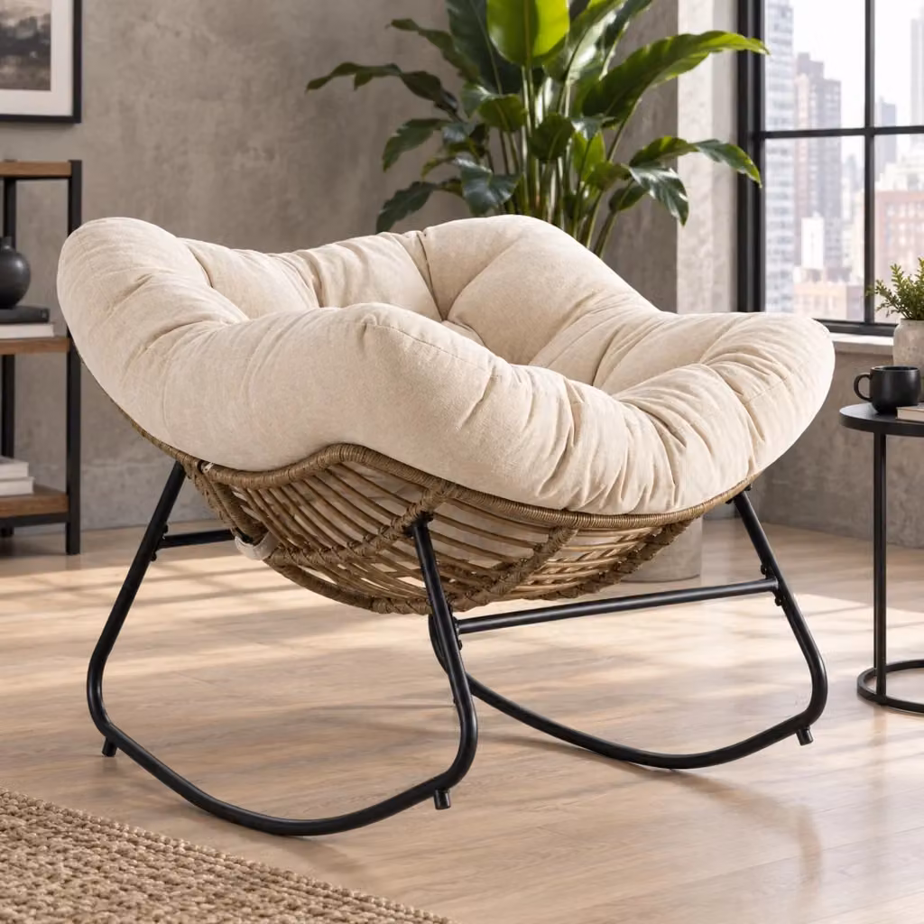 Poltrona Papasan a dondolo con design ergonomico a ciotola, struttura in metallo e rivestimento in ciniglia beige – 2