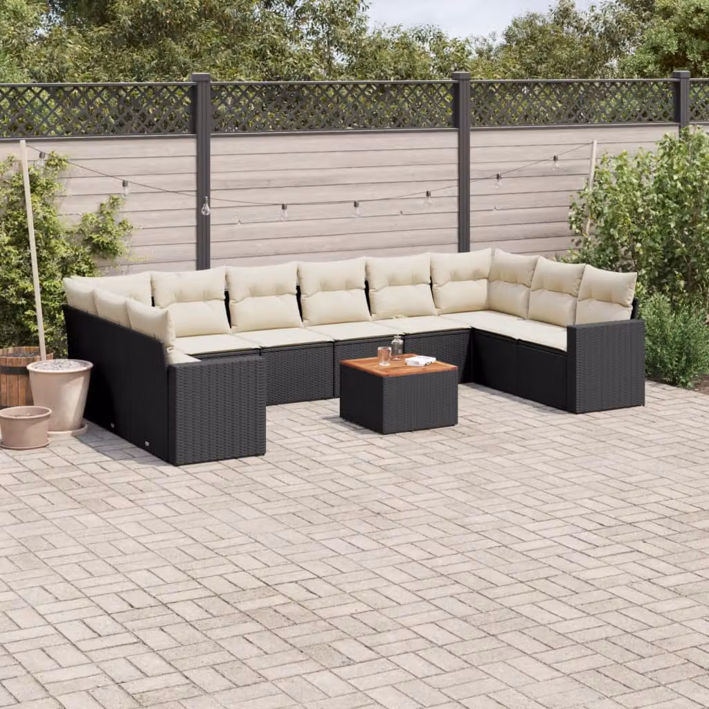 vidaXL Set Divani da Giardino 11 pz a Forma di L con Cuscini e Tavolino, Polyrattan e Acciaio Nero – 1