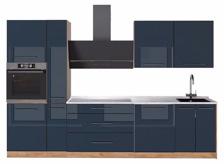 Cucina componibile Vicco Fame-Line Blu scuro lucido/Rovere dorato 310 cm, PL Marmo, Model 65745