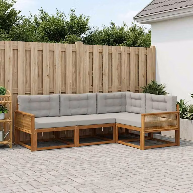 Set di divani da esterno vidaXL a forma di L in legno di acacia con cuscini, Grigio e Marrone