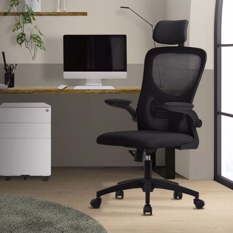 Sedia da ufficio ergonomica ML-Design, nera, in rete, con poggiatesta regolabile
