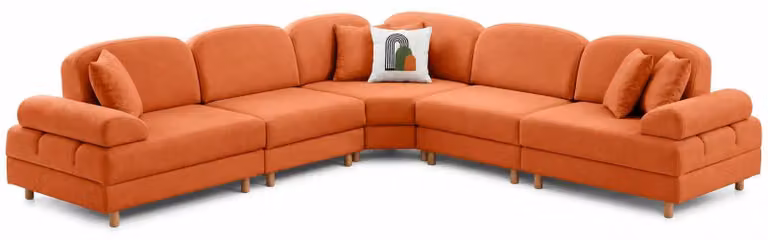 Divano angolare grande, rivestito in tessuto arancione, comodo, dal design moderno, ideale per il soggiorno, forma a L