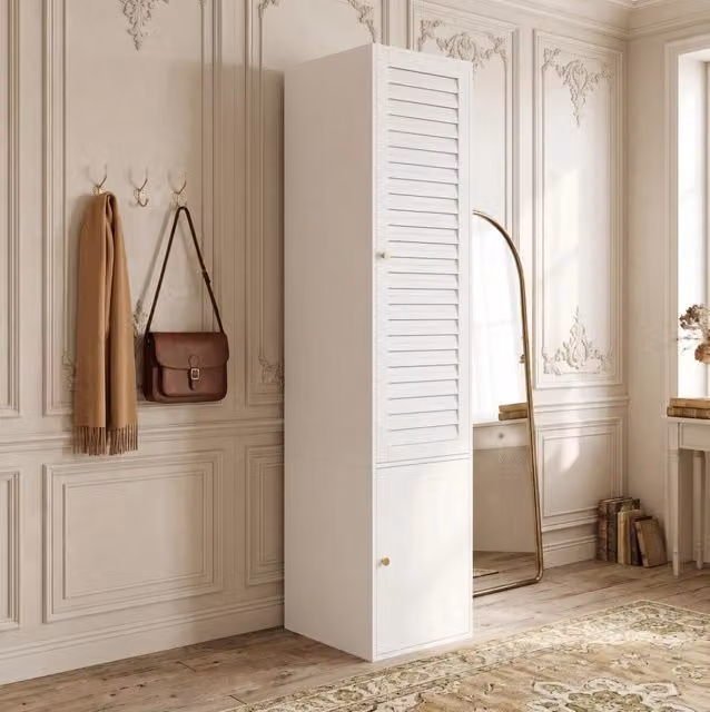 Armadio alto a 1 anta con porta a lamelle; asta appendiabiti e 3 vani; 45x50x200 cm; bianco