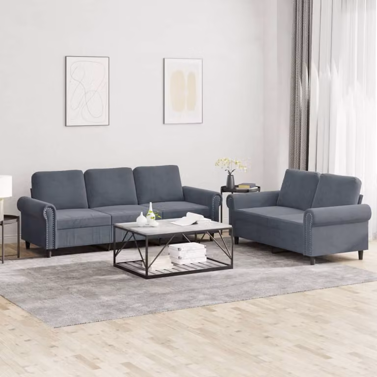 Set di divani vidaXL composto da un divano a 2 posti e uno a 3 posti in velluto grigio con cuscini coordinati e braccioli