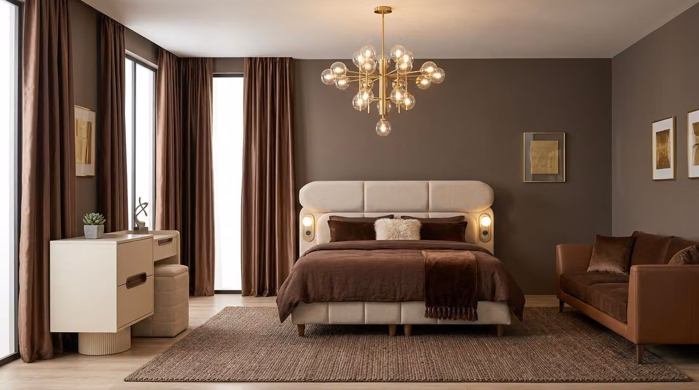 Set per camera da letto: letto, testiera, comodino. Design moderno, colore beige, confortevole ed elegante