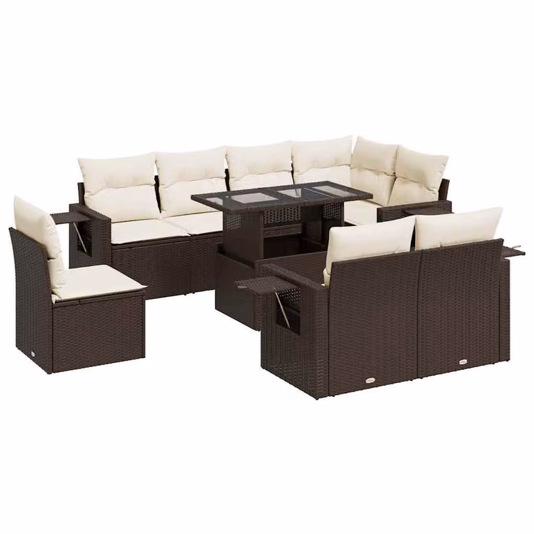 Set Divani da Giardino 9pz con Cuscini Marrone in Polyrattan