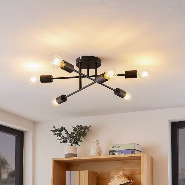 Plafoniera soffitto Estar Lindby, dimmerabile, Nero, Soggiorno / Sala da pranzo, Metallo, Vintage, Plafoniera
