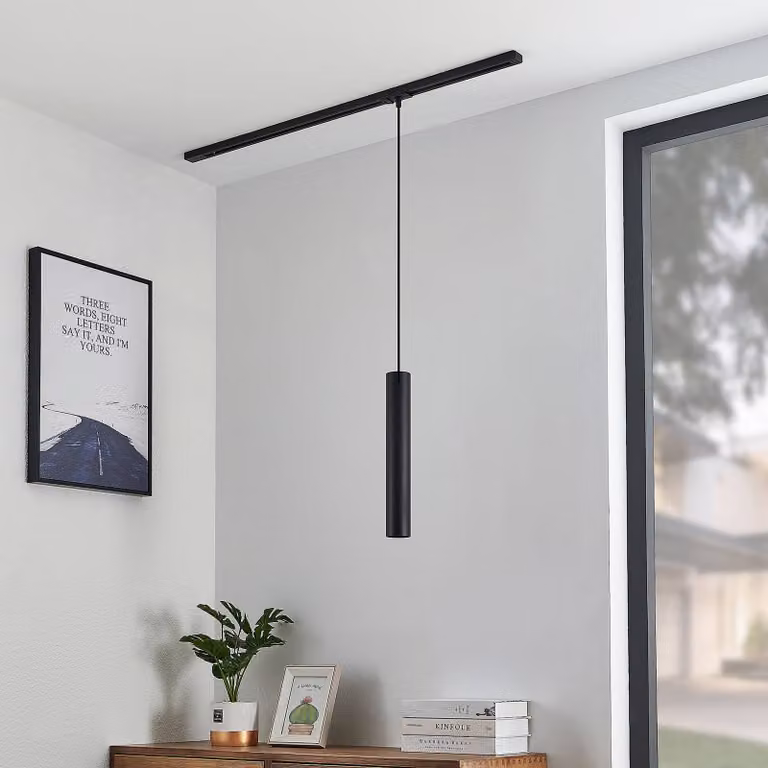 Lampada a sospensione Lindby Linaro, 40 cm, nero, monofase, GU10 Linaro, Nero, Soggiorno / Sala da pranzo, Metallo, Moderno, Lampada a binario