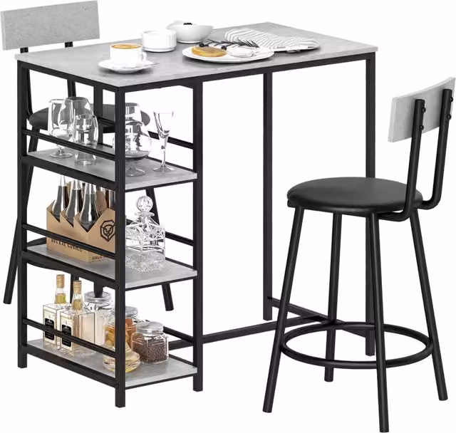 Set Tavolo da Bar Alto con 2 Sgabelli e Ripiani Portaoggetti, Salvaspazio per Cucina e Sala da Pranzo, Grigio e Nero