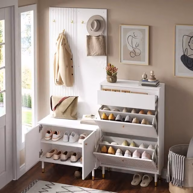 Set mobili ingresso; scarpiera a ribalta stretta e mobile ingresso bianco; appendiabiti con 6 ganci in metallo; 70x35x180 cm